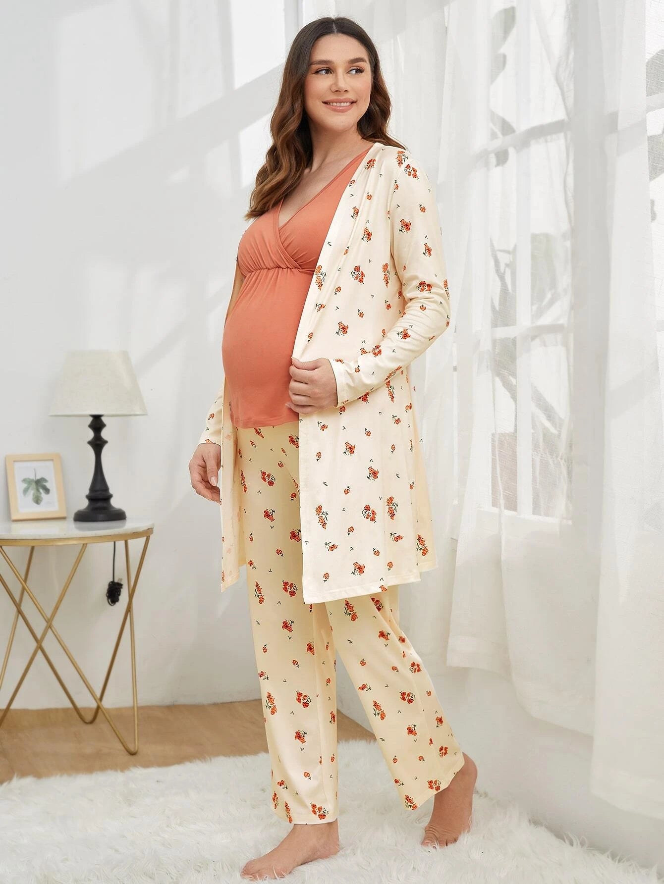 Nursing Robe Clothes Long Sleeves Pregnant Women Maternity 3 Pcs Robe Wear Pajama Set